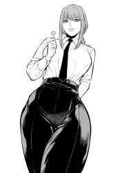 1girl braid candy chainsaw_man cropped_legs food kei_dragonsheaven lollipop long_sleeves looking_at_viewer makima_(chainsaw_man) necktie pants simple_background solo standing