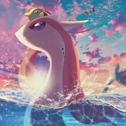 animal_focus bird dragon flying gen_2_pokemon gen_3_pokemon highres latias legendary_pokemon milotic natu nintendo no_humans ocean partially_submerged pokemon pokemon_(creature) pokemon_focus shinyxatu sky swimming tail water wings xatu