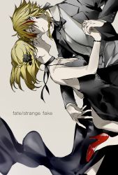 1boy 1girl black_dress black_flower black_rose black_theme blonde_hair blue_eyes bow bowtie braid business_casual copyright_name dancing dress fate/strange_fake fate_(series) floating_clothes flower formal_clothes french_braid hair_flower hair_ornament highres jacket multicolored_hair red_eyes redoxhn richard_i_(fate) rose sajou_ayaka_(fate/prototype) sajou_ayaka_(fate/strange_fake) side_slit sideways streaked_hair suit suit_jacket tuxedo