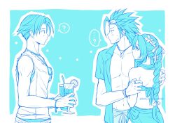 ... 1girl 2boys ? aerith_gainsborough aged_down angeal_hewley bare_shoulders bikini braid braided_ponytail commentary_request cross_scar drink drinking_straw facial_scar final_fantasy final_fantasy_vii final_fantasy_vii_ever_crisis from_side hand_on_another&#039;s_shoulder highres holding holding_drink jewelry long_hair looking_at_another multiple_boys nalu necklace open_clothes open_shirt parted_bangs pectorals profile ring sarong scar scar_on_cheek scar_on_face short_hair spiked_hair spoken_ellipsis spoken_question_mark sweatdrop swimsuit twitter_username upper_body zack_fair