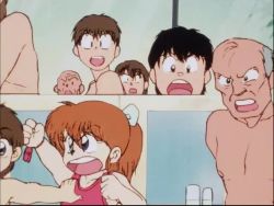 1990s_(style) animated anime_screenshot audible_speech braid breasts happosai multiple_boys nipples ranma-chan ranma_1/2 red_hair retro_artstyle saotome_ranma single_braid sound tagme video