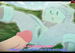 1boy 1girl 2022 amy_rose anus clitoris covered_erect_nipples english_text erect_clitoris hetero highres hologram ladybomber ladycherrybomba legs_apart penis pussy sega solo_focus sonic_(series) sonic_frontiers sonic_the_hedgehog subtitled