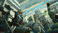 1boy animated animated_gif artist_name bird bodysuit building bush city cloud cloudy_sky commentary damaged english_commentary evening ground_gundam gundam gundam_08th_ms_team helmet holding holding_helmet kirokaze light_rays mecha mecha_focus mecha_pilot_suit missing_limb mobile_suit mountain normal_suit_(gundam) on_mecha outdoors pilot_helmet pixel_art power_lines robot ruins science_fiction shiro_amada sitting sky standing sunbeam sunlight unworn_headwear unworn_helmet utility_pole v-fin white_bodysuit