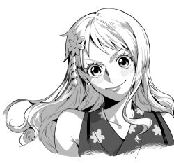 Rule 34 | 1girl, bare shoulders, blush, closed mouth, collarbone, commentary request, earrings, floral print, floral print kimono, flower, greyscale, hair flower, hair ornament, hair ribbon, japanese clothes, jewelry, kimono, lips, long hair, looking at viewer, monochrome, nami (one piece), nitoera ne, official alternate costume, one piece, pearl earrings, portrait, print kimono, ribbon, single sidelock, sleeveless, sleeveless kimono, smile, solo, straight-on, upper body, wavy hair, white background