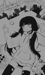 1girl :o absurdres commentary_request cowboy_shot drawing_(object) drawstring envelope facing_viewer food fruit highres hood hoodie inabakumori inkwell long_sleeves looking_to_the_side low_twintails lying mechanical_pencil monochrome nib_pen_(object) on_back orange_(fruit) osage_(nukunuku_nigirimeshi) pen pencil powerdman sideways_glance single_tear solo thighhighs train twintails
