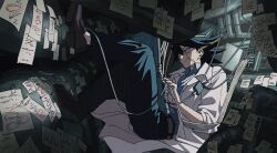 1boy abaraya against_wall belt black_hair blue_eyes blue_shirt brown_belt brown_shoes cable coat computer crack_of_light dappled_sunlight dress_shirt facial_mark facing_to_the_side fudo_yusei garage hair_over_one_eye hair_slicked_back highres holding holding_laptop indoors industrial industrial_pipe knees_up lab_coat laptop leaning_back looking_at_object looking_to_the_side male_focus monitor open_clothes open_coat paper papers repairing shirt shoes sleeves_rolled_up smile spiked_hair sticky_note sunlight tape warehouse white_coat wire yu-gi-oh! yu-gi-oh!_5d&#039;s