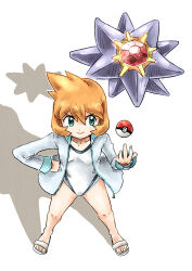 1girl absurdres bare_legs blush breasts competition_swimsuit gen_1_pokemon green_eyes gym_leader hand_on_own_hip highres holding holding_poke_ball jacket legs long_sleeves looking_at_viewer misty_(pokemon) navel nintendo one-piece_swimsuit open_clothes open_jacket orange_hair poke_ball poke_ball_(basic) pokemon pokemon_gsc pokemon_hgss sandals short_hair smile solo standing starmie swimsuit thighs white_one-piece_swimsuit