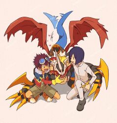2boys blue_hair blue_jacket brown_hair brown_shorts digimon digimon_(creature) digimon_adventure_02 dragon fur-trimmed_jacket fur_trim gdn0522 goggles goggles_on_head group_picture imperialdramon imperialdramon_dragon_mode jacket multiple_boys open_clothes open_jacket pants red_jacket red_wings shorts squatting tail tail_wagging white_jacket white_pants wings