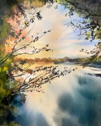 autumn blue_sky day forest highres lake morning nature no_humans original outdoors reflection reflective_water scenery shibakaka shore sky tree water