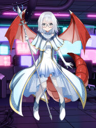 Rule 34 | 1girl, breasts, dairoku ryouhei, dragon girl, elbow gloves, fel ooyama, full body, glasses, gloves, grey eyes, hairband, highres, holding, holding polearm, holding weapon, honoka (pandatype), indoors, medium hair, monitor, polearm, red wings, small breasts, smile, solo, standing, tail, thighhighs, weapon, white gloves, white hair, white hairband, white thighhighs, wings