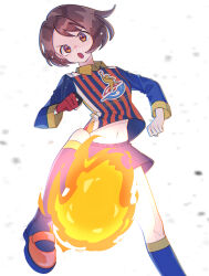 1girl :o alternate_costume blue_socks brown_eyes brown_hair chestnut_mouth collared_shirt dot_nose female_focus fireball gloria_(pokemon) gloves highres kana_(kanna_runa0620) knees long_sleeves looking_at_viewer midriff_peek navel nintendo open_mouth partially_fingerless_gloves pokemon pokemon_masters_ex shirt shoes short_hair shorts simple_background single_glove socks solo swept_bangs upshirt white_background