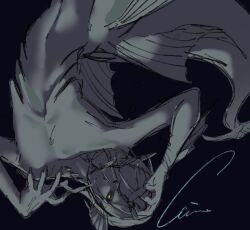 1boy air_bubble black_background bubble chino_(sky_tanosi) commentary_request fingernails fins full_body gills head_fins looking_at_viewer male_focus merman monster_boy original parted_lips sharp_fingernails short_hair simple_background solo webbed_hands yellow_eyes