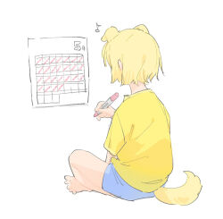 1girl animal_ears bang_dream! bang_dream!_it&#039;s_mygo!!!!! barefoot blue_shorts calendar_(object) commentary dog_ears dog_girl dog_tail holding holding_marker kemonomimi_mode marker misumi_uika musical_note shirt short_sleeves shorts simple_background solo soramame_(corndog) spoken_musical_note tail white_background yellow_shirt