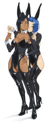 Rule 34 | 2girls, absurdres, animal ears, black hair, black leotard, black thighhighs, blue eyes, blue hair, blush, breasts, buttons, cleavage, closed mouth, coin, covered navel, curvy, dark-skinned female, dark skin, detached collar, detached sleeves, fake animal ears, hand on another&#039;s arm, hand on own hip, high heels, highres, large breasts, latex, latex leotard, latex thighhighs, leotard, looking at another, multicolored hair, multiple girls, open mouth, orange eyes, orange hair, original, playboy bunny, short hair, simple background, tbocart, thick thighs, thighhighs, thighs, white background, wrist cuffs