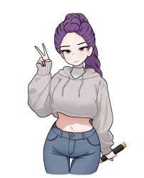 1girl braid braided_ponytail breasts brown_eyes closed_mouth cocktiel77 commentary_request cropped_hoodie cropped_legs cropped_shirt denim drawstring dutch_braided_ponytail fingernails hand_up holding hood hood_down hoodie jeans korean_commentary kpop_demon_hunters long_braid long_hair medium_breasts navel object_request pants pink_nails purple_eyes rumi_(kpop_demon_hunters) shirt simple_background solo v white_background white_hoodie white_shirt