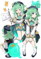 &gt;_&lt; 3girls ahoge animal_ears belt black_hat black_shoes blunt_bangs blush brown_belt collar detached_sleeves dianzi flag fox_ears from_behind green_hair hands_on_own_knees hat highres holding holding_flag honkai:_star_rail honkai_(series) hug huohuo_(honkai:_star_rail) knees_together_feet_apart legs_up long_hair loose_socks makeshift_flag multiple_girls nervous nervous_sweating open_mouth paper_doll parted_lips paw-shaped_pupils red_ribbon ribbon ro/ku shoes simple_background socks spirit squatting sweat symbol-shaped_pupils white_background white_collar white_flag yin_yang_hair_ornament