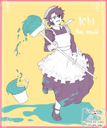 1boy :d apron bucket character_name dress hat highres holding holding_mop ichi_(madan_no_ichi) madan_no_ichi maid maid_apron male_focus mob_cap mop onsen_hphp open_mouth shoes short_hair smile solo standing standing_on_one_leg water watermark web_address yellow_background