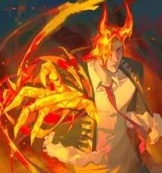 1boy animal_ears arm_behind_back atmospheric_perspective black_coat black_hair bull burning capote_(e.g.o) coat collared_shirt e.g.o_(project_moon) fire fur_trim gold_trim hair_slicked_back highres horns jing84672940 limbus_company looking_at_viewer male_focus meursault_(project_moon) necktie one_eye_covered open_mouth outstretched_hand project_moon red_eyes red_necktie shirt solo white_shirt