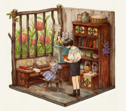 1boy 1girl animal basket black_hair book bookshelf candle chair dress flower full_body holding holding_book indoors isometric jar mini_person miniboy mogoshin mouse_(animal) open_book original plant shirt short_hair sitting socks standing table white_background white_shirt window wooden_floor