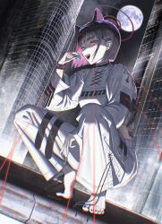 1girl absurdres animal_ears barefoot black_hair blue_archive blunt_bangs blunt_ends cat_ears cat_girl chojja extra_ears fang food from_below highres holding holding_food jacket kazusa_(blue_archive) macaron nail_polish open_clothes pants pink_hair pinned purple_nails shaded_face short_hair sidelocks solo teeth toenail_polish toenails toes upper_teeth_only white_jacket white_pants wristband
