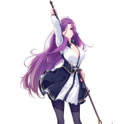 1girl arm_up blue_eyes breasts cleavage closed_mouth cowboy_shot female_focus floating_hair hair_over_one_eye happy highres holding holding_weapon lance large_breasts legs legs_apart long_hair looking_at_viewer mole mole_under_eye murasaki_yurika omega_labyrinth omega_labyrinth_life original pantyhose polearm purple_hair skirt smile solo standing thighs transparent_background u35 weapon