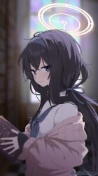 Rule 34 | 1girl, black hair, blue archive, blue neckerchief, blue ribbon, blush, book, brown cardigan, cardigan, closed mouth, commentary, crossed bangs, from side, hair between eyes, hair ribbon, hairband, halo, holding, holding book, long hair, low ponytail, millet pepper, neckerchief, ponytail, purple hairband, ribbon, shirt, smile, solo, ui (blue archive), white shirt, yellow halo