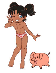 1girl animal animal_print barefoot black_hair blue_eyes blush collarbone commission dakunart dark-skinned_female dark_skin earrings flat_chest grin heart heart_print highres jewelry loli long_hair looking_at_viewer navel nipples one_eye_closed open_mouth original panties pig pig_print pink_panties print_panties smile standing teeth topless_female twintails underwear v white_background wink
