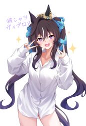 1girl alternate_costume beret borrowed_clothes breasts brown_hair daifuku_momiji double_v hair_between_eyes hair_ornament hat heart highres horse_girl looking_at_viewer medium_breasts open_mouth solo translation_request twintails umamusume v vivlos_(umamusume) white_background