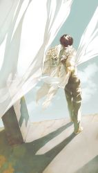 1boy angel_wings arm_at_side artist_name barefoot brown_hair cloud cloudy_sky column crack cracked_floor curtain_grab curtains denim dutch_angle facing_away feathered_wings fingernails floor from_behind full_body grey_sky highres jeans light_particles long_sleeves male_focus original outdoors outstretched_arm pants pillar rido_(ridograph) shadow shirt sidelighting sky stone_floor sunlight torn_clothes torn_jeans torn_pants white_shirt white_wings wings