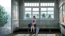1girl bag bench between_legs black_hair black_shoes blue_bag blue_eyes blue_skirt clock closed_mouth commentary day expressionless hand_between_legs highres indoors loafers medium_hair neckerchief on_bench original pleated_skirt ponytail rain real_world_location red_neckerchief sailor_collar scenery school_uniform serafuku shirt shoes short_sleeves shurock sitting skirt socks solo sunlight train_station transparent transparent_umbrella umbrella unworn_bag white_sailor_collar white_shirt white_socks wide_shot window