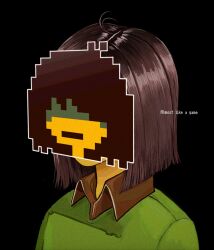 Rule 34 | 1other, ahoge, androgynous, black hair, brown hair, collared shirt, colored skin, covered eyes, deltarune, english text, green shirt, highres, kris (deltarune), mask, medium hair, pixelated, shio tou, shirt, short hair, solo, sweater, undertale, wing collar, yellow skin