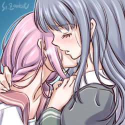 2girls artist_name blue_hair blush breath closed_eyes hand_on_another&#039;s_shoulder hidden_face long_hair magia_record:_mahou_shoujo_madoka_magica_gaiden mahou_shoujo_madoka_magica multiple_girls nanami_yachiyo pink_hair studiozombie tamaki_iroha upper_body yuri