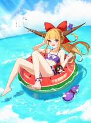 Rule 34 | 1girl, absurdres, bikini, bird, blonde hair, blue sky, blunt bangs, blush, bow, brown horns, character doll, cloud, commentary request, day, doll, flat chest, flower, full body, fumo (doll), gourd, hair bow, hair intakes, hakurei reimu, highres, horn bow, horn ornament, horns, ibuki suika, long hair, looking at viewer, ocean, oeyama, open mouth, orange eyes, outdoors, purple bikini, purple bow, red bow, seagull, sidelocks, sky, smile, solo, swimsuit, touhou, very long hair, water, watermelon innertube, white bow