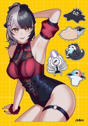 1girl absurdres arm_support arm_up armpits black_hair black_leotard black_nails grey_hair hazel_(hzlform) highres hololive hololive_english leotard looking_at_viewer multicolored_hair multicolored_leotard novelites_(shiori_novella) o-ring o-ring_thigh_strap open_mouth red_leotard shiori_novella split-color_hair thigh_strap two-tone_hair two-tone_leotard virtual_youtuber yellow_eyes yorick_(shiori_novella)