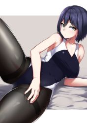 1girl arm_support bed_sheet black_one-piece_swimsuit bob_cut border breasts competition_swimsuit female_focus grey_background hand_on_own_thigh kaname_nagi large_breasts leg_up looking_to_the_side lying nijisanji on_side one-piece_swimsuit pantyhose pantyhose_under_swimsuit purple_hair shizuka_rin solo spread_legs swimsuit thighs virtual_youtuber white_border yellow_eyes