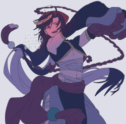 1boy abs ahoge alternate_costume alternate_hairstyle androgynous bandaged_leg bandaged_torso bandages bare_shoulders black_dress black_hair black_shirt black_sleeves chinese_clothes crop_top dated detached_sleeves dress fangs floating_hair frilled_sleeves frills grey_background grey_pants groin hair_down hat hat_tassel highres jiangshi kimako_(kimako_8) long_hair long_sleeves looking_at_viewer male_focus midriff modao_zushi navel ofuda ofuda_on_head open_mouth outstretched_arms pants pelvic_curtain qingdai_guanmao red_eyes red_hat red_sash sash sharp_teeth shirt side_slit simple_background sleeveless sleeveless_shirt sleeves_past_fingers sleeves_past_wrists smile solo talisman teeth twitter_username underpec very_long_hair watermark wei_wuxian white_background wide_sleeves zombie_pose