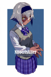 1girl animal_ears blue_skirt bow bowtie breasts character_name collared_shirt dark-skinned_female dark_skin echo_(circa) facepaint facial_mark fate/grand_order fate_(series) grey_sweater_vest hairband jackal_ears long_hair long_sleeves looking_at_viewer medium_breasts nitocris_(fate) nitocris_(fate/grand_order) nitocris_(swimsuit_assassin)_(fate) purple_eyes purple_hair school_uniform shirt sidelocks skirt smile solo sweater_vest very_long_hair white_shirt