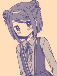 Rule 34 | 1girl, bow, bowtie, bright pupils, closed mouth, collared shirt, cowboy shot, dot nose, double bun, dress, hair bun, hair ribbon, highres, kuroe (madoka magica), light blush, light frown, limited palette, long sleeves, looking at viewer, magia record: mahou shoujo madoka magica gaiden, mahou shoujo madoka magica, pleated dress, ribbon, ruru (rurumagi), school uniform, shirt, short hair, simple background, sleeveless, sleeveless dress, solo, tareme, twitter username, watermark, yellow background