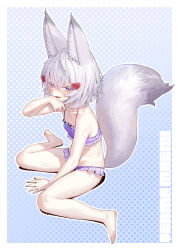1girl absurdres agemmata animal_ear_fluff animal_ears barefoot between_legs bikini blush bob_cut character_name dripping fox_ears fox_girl fox_tail frilled_bandeau frilled_bikini frills full_body hair_ornament hand_between_legs heart heart_hair_ornament highres large_tail looking_at_viewer open_mouth phase_connect pink_eyes purple_bikini short_eyebrows short_hair sitting solo spaghetti_strap swimsuit tail tenma_maemi thick_eyebrows virtual_youtuber wariza wet white_hair white_tail