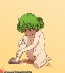 1girl 2016 barefoot breasts cleft_of_venus colored_pubic_hair cum curly_hair dated ejaculation eyelashes feet feet_on_toy female_pubic_hair femdom footjob full_body green_eyes green_hair green_pubic_hair grin hugging_own_legs legs navel noise_tanker nude one-punch_man patreon penis pubic_hair pussy short_hair signature simple_background sitting small_breasts smile solo tatsumaki thighs toes trample uncensored