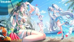3girls alisa_(pgr) anklet ball beach beachball bikini blue_sky blue_streaks boat breasts cleavage cloud copyright_name drink food fruit high_heels highres jewelry lamia:_lost_lullaby_(solitary_longings)_(pgr) lamia_(pgr) large_breasts legband long_hair looking_at_viewer luna:_oblivion_(pgr) luna_(pgr) medium_breasts multicolored_hair multiple_girls navel outdoors palm_tree petals punishing:_gray_raven purple_hair sky smile starfish summer swimsuit tree twintails two-tone_hair umbrella very_long_hair water_drop watercraft watermelon white_hair
