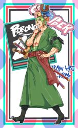 2boys ^_^ absurdres antlers bag bandana bandana_around_arm black_bandana black_boots boots character_name closed_eyes commentary_request cross earrings hand_on_own_hip haramaki hat highres horns jewelry male_focus multiple_boys nekozukikensi on_head one_piece profile red_sash reindeer_antlers roronoa_zoro sash scar scar_across_eye scar_on_face short_hair shoulder_bag smile stitched_torso stitches sword tony_tony_chopper walking weapon