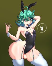 1girl absurdres animal_ears arm_behind_head arm_up barefoot black_bow black_bowtie black_leotard bow bowtie breasts cameltoe closed_mouth collar cowboy_shot curly_hair detached_collar eyebrows_hidden_by_hair eyelashes fake_animal_ears fake_tail female_focus green_background green_eyes green_hair hand_up highleg highleg_leotard highres leotard looking_at_viewer matching_hair/eyes medium_hair miyako.noh navel one-punch_man petite playboy_bunny rabbit_ears rabbit_tail serious simple_background small_breasts solo standing strapless strapless_leotard tail tatsumaki thick_eyebrows thick_thighs thigh_strap thighhighs thighs white_collar white_thighhighs wide_hips wrist_cuffs
