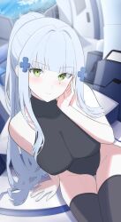 1girl absurdres bare_shoulders black_leotard black_thighhighs breasts collarbone from_above girls&#039;_frontline girls&#039;_frontline_2:_exilium green_eyes grey_hair highres hk416_(girls&#039;_frontline) klukai_(girls&#039;_frontline_2) large_breasts leotard light_blush long_hair looking_at_viewer ponytail sitting smile solo teardrop_facial_mark thighhighs uchikata_takeaki