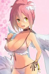 1girl bangle bikini bracelet breasts choker cosmic_break feather_hair_ornament feathers female_focus groin hair_ornament jewelry large_breasts magister melfi navel pink_bikini pink_hair side-tie_bikini_bottom side_ponytail solo swimsuit wings yellow_eyes