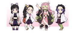 Rule 34 | 4girls, absurdres, bit gag, black hair, breasts, brown hair, bug, butterfly, butterfly hair ornament, closed eyes, closed mouth, cosplay, costume switch, demon slayer uniform, gag, geta, hair ornament, hair ribbon, haori, highres, insect, japanese clothes, kamado nezuko, kamado nezuko (cosplay), kanroji mitsuri, kanroji mitsuri (cosplay), kimetsu no yaiba, kimono, kochou shinobu, kochou shinobu (cosplay), long hair, long sleeves, looking at viewer, medium breasts, mole, mole under eye, multicolored hair, multiple girls, open mouth, pink eyes, pink hair, pink kimono, pink ribbon, ponytail, pori (kmt pori), purple eyes, purple hair, ribbon, sandals, side ponytail, smile, thighhighs, tsuyuri kanao, tsuyuri kanao (cosplay), very long hair, zouri