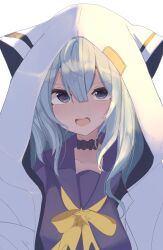 absurdres animal_ear_hood black_choker blue_eyes blue_serafuku blush choker coat facing_viewer fake_animal_ears fang hair_between_eyes highres hololive hood hood_up hoshimachi_suisei hoshimachi_suisei_(school_uniform) long_hair looking_at_viewer open_clothes open_coat open_mouth ribbon school_uniform serafuku simple_background skin_fang star_(symbol) star_in_eye star_ornament symbol_in_eye uouo_taku upper_body white_background white_coat yellow_ribbon