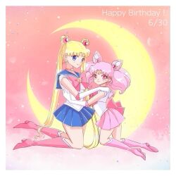 Rule 34 | 2girls, bishoujo senshi sailor moon, blonde hair, blue eyes, blue sailor collar, boots, bow, brooch, choker, circlet, cone hair bun, crescent, double bun, elbow gloves, gloves, hair bun, hair ornament, heart, heart brooch, ichicororin, jewelry, long hair, magical girl, multiple girls, pink hair, pink sailor collar, red bow, red choker, red eyes, sailor chibi moon, sailor collar, sailor moon, sailor senshi uniform, twintails, white gloves