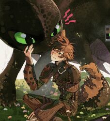 2boys ^^^ angry animal_ears art_program_in_frame blush brown_hair bug closed_mouth dog_ears dog_tail glaring gymnopedies2 hand_on_another&#039;s_head hashtag-only_commentary hiccup_horrendous_haddock_iii highres how_to_train_your_dragon_(series) how_to_train_your_dragon_2 insect ladybug looking_at_another male_focus multiple_boys one_eye_closed sitting smile tail toothless