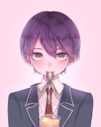 1boy collared_shirt food green_eyes hair_between_eyes highres jacket kenmochi_touya looking_at_viewer male_focus mi_oxo_9m necktie nijisanji pudding purple_hair red_necktie school_uniform shirt short_hair solo sweater utensil_in_mouth